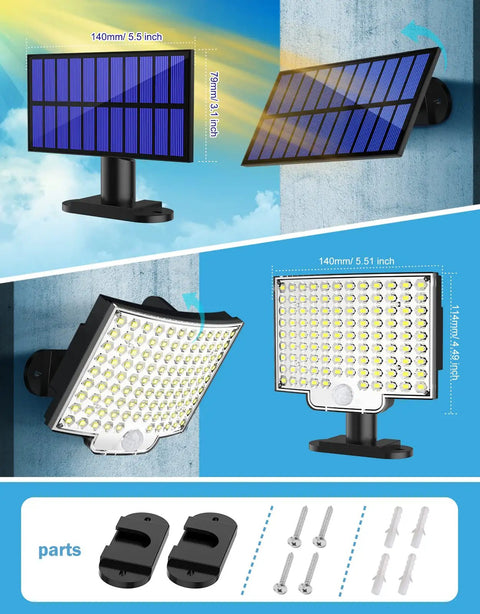 Outdoor Solar Wall Light With 106 LED Motion Sensor IP65 Waterproof kit showing split solar panel and parts for installation.