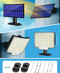 Split Solar Panel Outdoor Light Kit With 106 LED Motion Sensor IP65 Waterproof 120 Degree Lighting Garden Wall Light With 16 Feet Cable Two Pack Perfect For Driveways And Backyards, showing solar panel, LED light, and mounting parts
