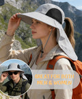 Go To Wide Brim Sun Hat With Neck Flap UPF 50+ for men and women, lightweight quick dry nylon, hiking in mountain scenery