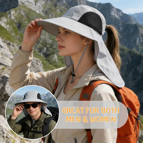 Go To Wide Brim Sun Hat With Neck Flap UPF 50+ for men and women, lightweight quick dry nylon, hiking in mountain scenery