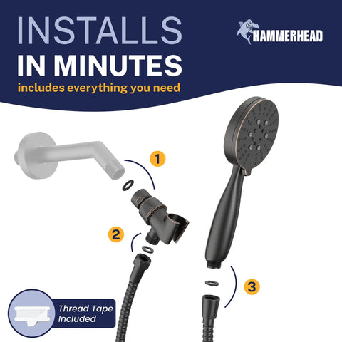 Installation steps for Solid Metal 3-Spray Handheld Shower Head With Long Hose And Holder In Oil Rubbed Bronze, High-Pressure 2.5 GPM