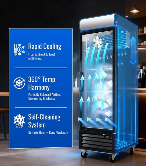 Top Shelf 27 Inch Commercial Display Freezer Upright Merchandiser showcases rapid cooling and airflow system.