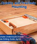Blum Tandem Undermount Drawer Slide Drilling Guide Kit with aluminum angle guide, brad point bits, stop collars, and hex wrench