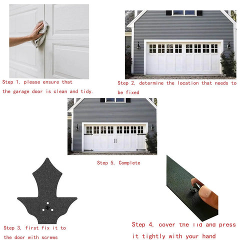 Installation steps for Screw Mounted Faux Garage Door Hardware Set with 4 hinges and 2 handles on exterior carriage-style door