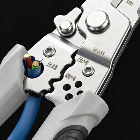 Heavy Duty Electrical Repair Pliers With Integrated Wire Stripper And Cutters showing steel construction, multi-function jaws, and textured grip.