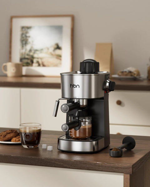 Compact Espresso Machine With Milk Frother For Home And Office, 3.5 Bar Cappuccino And Latte Maker, 2 To 4 Cup Stainless Steel Coffee Maker, 800W Steamer For Quick Barista Quality Coffee Every Day on kitchen counter