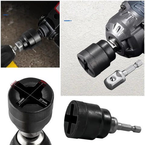 Two Pack Scissor Jack To Impact Driver Adapter Set for 1/2 inch wrenches and 1/4 inch hex bits, fits electric screwdrivers.