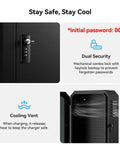 All Weather Wall Mounted EV Charger Protective Box For Outdoor Home Charging Stations Universal Fit For Tesla And Most EV Chargers Weatherproof Cover showing dual security lock and cooling vent features.