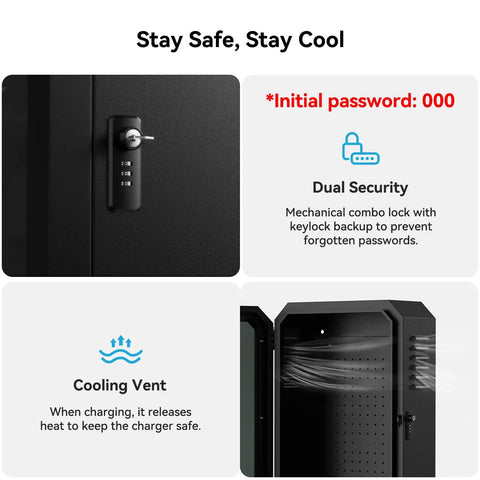 All Weather Wall Mounted EV Charger Protective Box For Outdoor Home Charging Stations Universal Fit For Tesla And Most EV Chargers Weatherproof Cover showing dual security lock and cooling vent features.