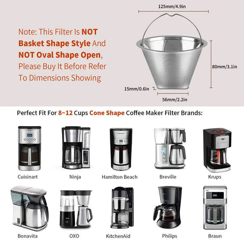 Diagram showing dimensions and compatible brands for Number Four Reusable Permanent Cone Coffee Filters For 8 To 12 Cup Makers