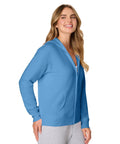 Woman wearing EcoSmart Fleece Zip Up Hoodie For Women Mid Weight Plush Cozy Hooded Sweatshirt Made From American Farm Cotton