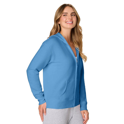 Woman wearing EcoSmart Fleece Zip Up Hoodie For Women Mid Weight Plush Cozy Hooded Sweatshirt Made From American Farm Cotton