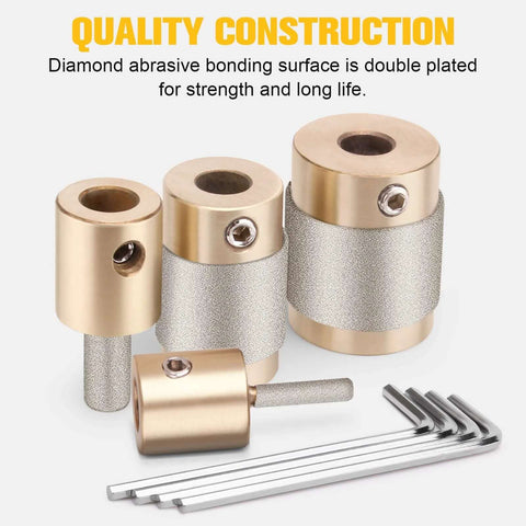 Ecarke diamond grinder bit set for stained glass with brass-core heads; 4 sizes and Allen wrenches