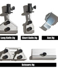 Pro Grade Sharpening Gear Kit For Wet Sharpening System With Long Knife Jig Short Knife Jig Axe Jig And Scissors Jig Compatible With Tormek Wen Bucktool Jet And Bench Grinders, showing jigs on white background.