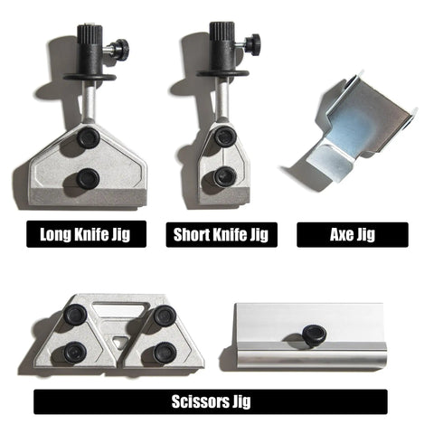 Pro Grade Sharpening Gear Kit For Wet Sharpening System With Long Knife Jig Short Knife Jig Axe Jig And Scissors Jig Compatible With Tormek Wen Bucktool Jet And Bench Grinders, showing jigs on white background.