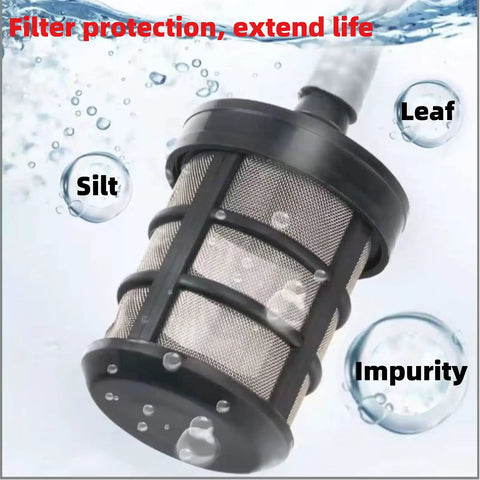 Two Pack Hose Filters for Pumps and Sprayers, Stainless Steel Screen Water Filter shown underwater filtering silt, leaf, impurity bubbles