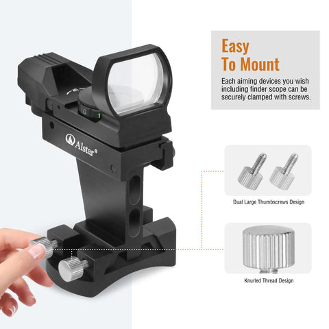 Universal Plug-and-Play Quick Release Finder Shoe Base for Telescope Finder Scope, showing dual thumbscrew design.