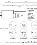 Diagram showing setup of Patriotic 200 LED 66Ft Fairy String Lights with 8 lighting modes, 17ft lead-in, and 4 set connectivity.