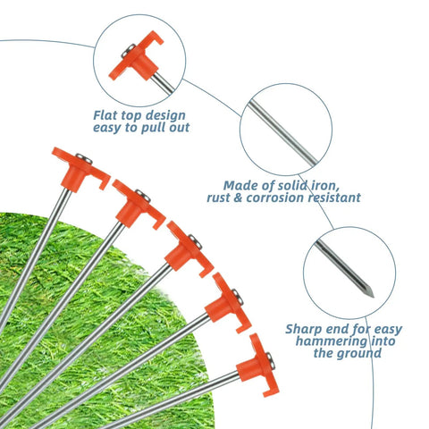 Heavy Duty Tent Stakes 40 Pack, 10 Inch Galvanized Metal Tent Pegs For Outdoor Camping with orange top and sharp ends on grass