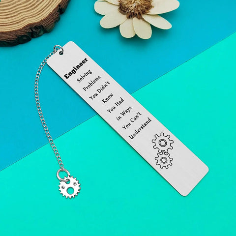 Stainless steel engineer bookmark with inspirational quote and gear design, perfect as a Funny Engineer Gift For Engineers And Students.