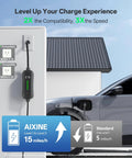 Level 1 And Level 2 J1772 EV Charger With 25 Foot Extension Cord Portable 240V 16A Electric Car Charger NEMA 6-20 Plug And 120V NEMA 5-15 Adapter Works With All SAE J1772 EVs, plugged into a wall socket and charging a car
