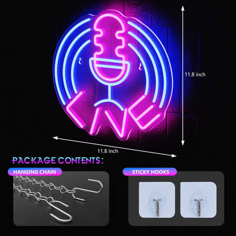 Dimmable Neon Sign Live On Air USB LED Lights for Bedroom Wall, microphone design, 11.8-inch, with mounting hooks and chain