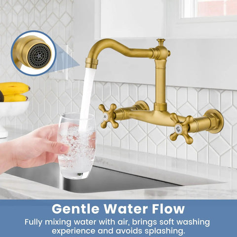 Commercial Wall Mounted Kitchen Faucet 8 Inch Center Mount With Double Cross Handles 360 Degree Rotatable Spout Antique Brass Finish