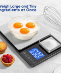 Two Platform Kitchen Scale With Ultra Precise 0.01g/0.001oz Readouts, 33lb Big Scale And 1.1lb Mini Scale in use on countertop