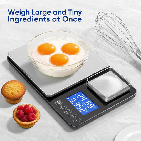 Two Platform Kitchen Scale With Ultra Precise 0.01g/0.001oz Readouts, 33lb Big Scale And 1.1lb Mini Scale in use on countertop