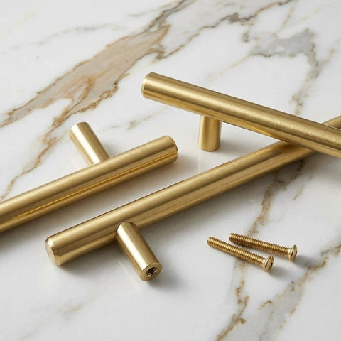 Heavy Hitter Solid Stainless Steel Bar Handles 25 Pack Euro Style Cabinet Pulls With Killer Brushed Satin Gold Brass Finish showing 3 handles and screws