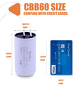 CBB60 Motor Run Capacitor 70uF 5 Percent Tolerance 110 125 250VAC 50 60Hz shown beside credit card for size comparison