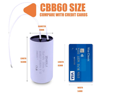 CBB60 Motor Run Capacitor 70uF 5 Percent Tolerance 110 125 250VAC 50 60Hz shown beside credit card for size comparison
