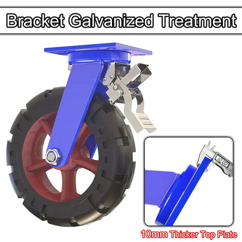 Heavy Duty Swivel Caster Wheels Set Of 4 Rolling Like A Dream With Dual Locking Brakes, 2000 Lbs Beast Mode Weight Capacity, Solid Rubber Shock Absorbing Pads For Industrial Rig And Furniture, featuring blue bracket and thick rubber tire