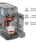 Straight Fire Automatic Espresso Machine With Super Fast Heating And Adjustable Milk Frother For Barista Level Cappuccinos And Rich Lattes At Home showing internal brew mechanism with glass cup of espresso.
