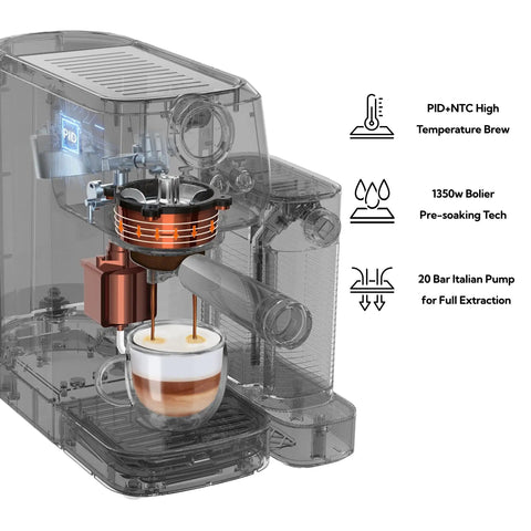 Straight Fire Automatic Espresso Machine With Super Fast Heating And Adjustable Milk Frother For Barista Level Cappuccinos And Rich Lattes At Home showing internal brew mechanism with glass cup of espresso.