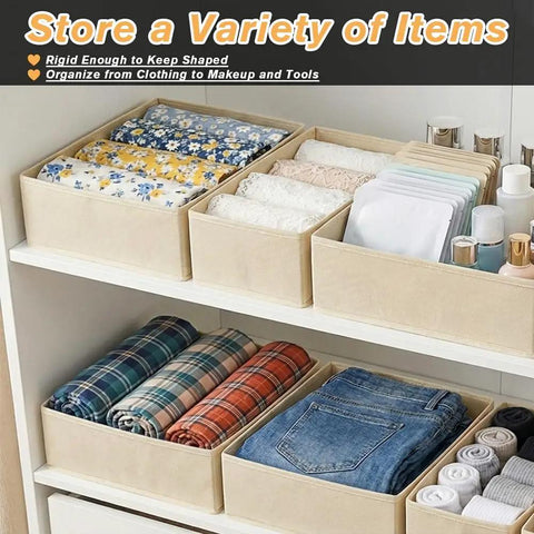 Kick Clutter To The Curb With This Slick Foldable Drawer Organizer Set Of Six Beige Fabric Compartments stacked with clothing.