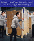 Stretch Film Dispenser Pole With Extra Long Reach For Fast Pallet Wrapping, Heavy Duty Industrial Handle Lets You Wrap 12 To 24 Inch Pallets Top To Bottom, Fits 2 To 3 Inch Core Rolls, Effortless, Efficient, No Bend Operation. Warehouse workers wrapping pallet