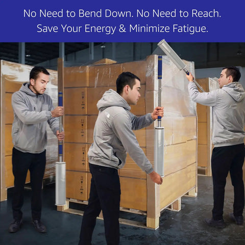 Stretch Film Dispenser Pole With Extra Long Reach For Fast Pallet Wrapping, Heavy Duty Industrial Handle Lets You Wrap 12 To 24 Inch Pallets Top To Bottom, Fits 2 To 3 Inch Core Rolls, Effortless, Efficient, No Bend Operation. Warehouse workers wrapping pallet