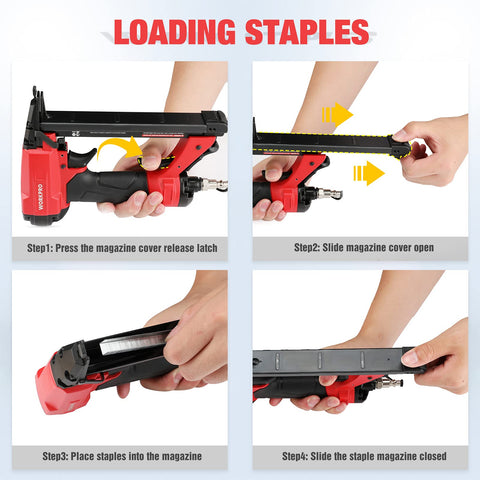 Tutorial on loading staples into the Pneumatic 20 Gauge Staple Gun for Upholstery and Carpentry, T50 Style Stapler with 1260 Staples.