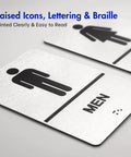 Two Piece ADA Restroom Signs For Business Men's And Women's Bathroom Sign Set in Silver Brushed Aluminum with raised Braille, angle view.