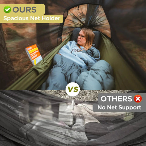 Comparison of Camping Hammock Tent With Mosquito Net showing spacious interior vs cramped alternative, highlighting net support.