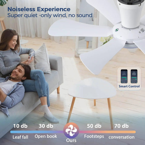 36 Inch Low Profile Ceiling Fan With Lights And Remote in a cozy living room, white blades, ultra quiet operation, flush mount design