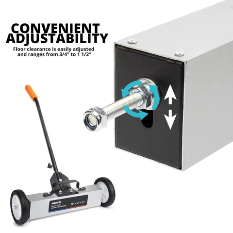 Rolling Magnetic Sweeper With Wheels For The Shop And Construction Sites, 45 Pound Capacity, adjustable handle and floor clearance