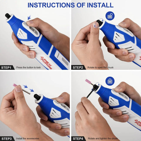 Instructions for installing accessories on 12V Cordless Rotary Tool Kit With 35000 RPM, Five Speed Settings, Keyless Chuck