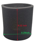 Single foam replacement filter, measured 6.02x6.29 inches, for 3 Pack Replacement Foam Filters For Wet Dry Vacuum Cleaners Fits Most Vacuums Including Shop Vac Vacmaster And Genie VF2001 90585 Foam Sleeve Filters Built Tough Premium Quality Easy Install.