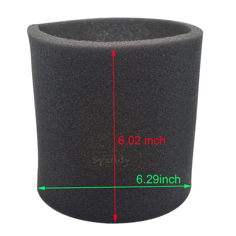 Single foam replacement filter, measured 6.02x6.29 inches, for 3 Pack Replacement Foam Filters For Wet Dry Vacuum Cleaners Fits Most Vacuums Including Shop Vac Vacmaster And Genie VF2001 90585 Foam Sleeve Filters Built Tough Premium Quality Easy Install.