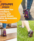 Ninjas Plantar Fasciitis Relief Insoles with Arch Support in athletic shoes, showing installation and support for foot health.