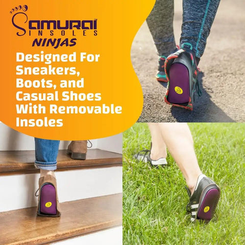 Ninjas Plantar Fasciitis Relief Insoles with Arch Support in athletic shoes, showing installation and support for foot health.