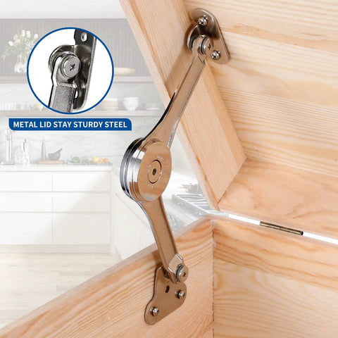 Beefy Lid Stay Hinges For Toy Boxes And Chests, Heavy Duty Soft Close Lid Support, 50Lb Pair installed on wooden chest