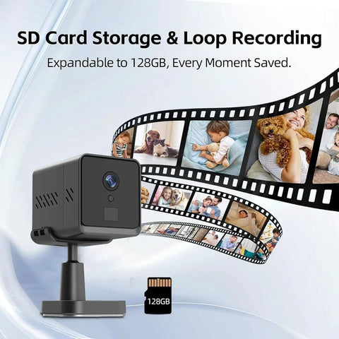 4K Security Camera With 4G SIM Card No WiFi Needed Portable Nanny Cam showing SD card storage and loop recording features.